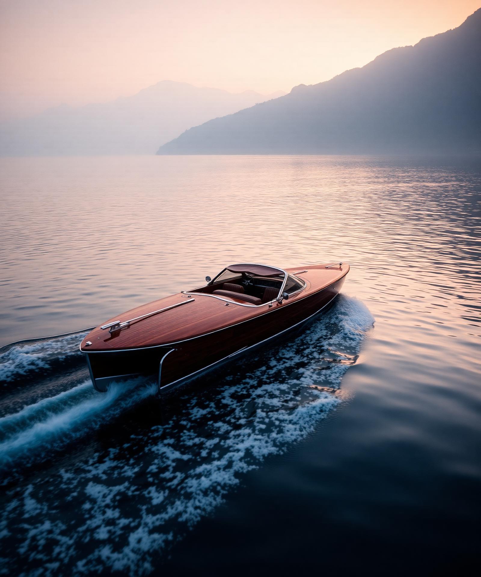 Vintage Riva boat on Lake Garda at dawn